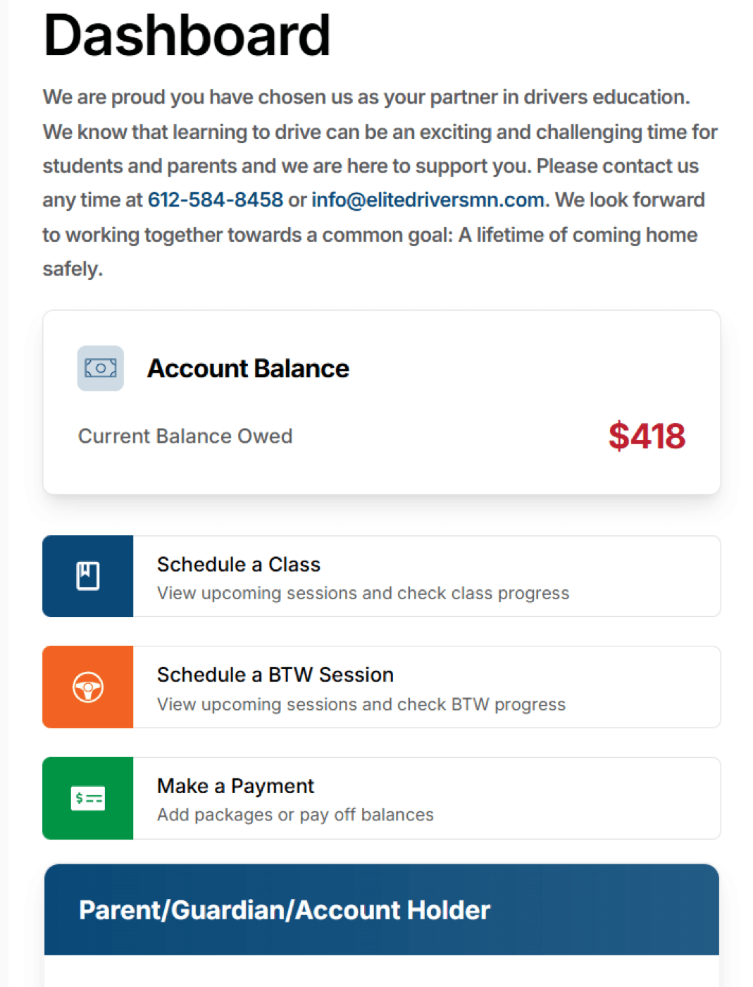 Elite Driving School student dashboard on desktop and phone