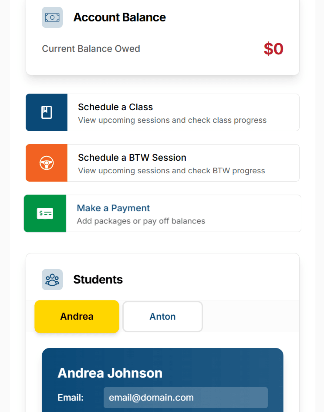 Elite Driving School scheduling and student management interface