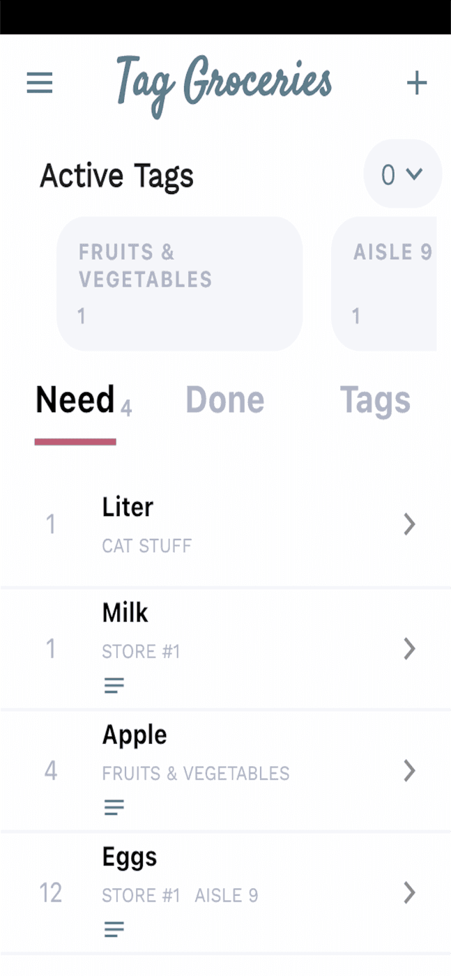 TAG Groceries home screen with grocery lists