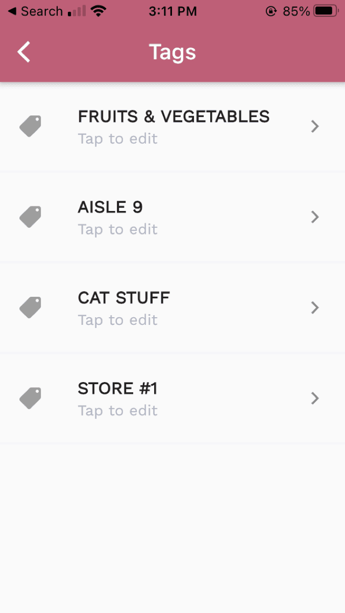 TAG Groceries custom tags screen