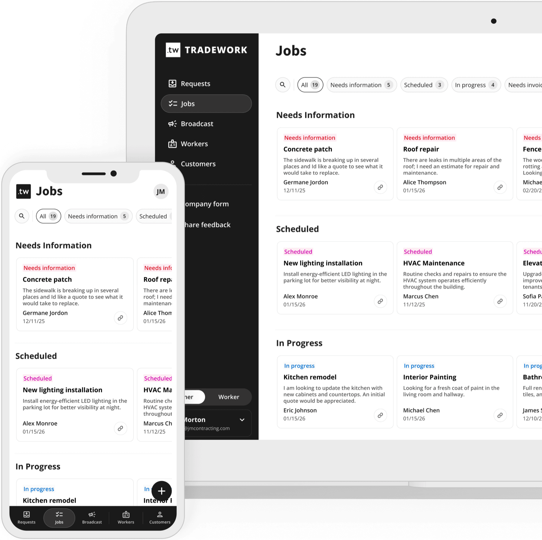 TradeWork job management displayed on desktop and mobile